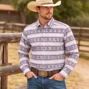 Ariat Men’s Small Purple Western Print Button Down Shirt Cotton